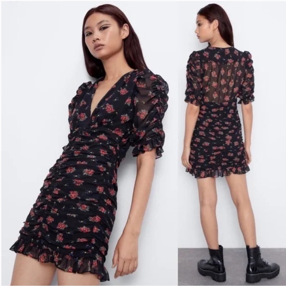 Zara Floral Ruched Mini Dress Mesh Ruffle Plunge V-Neck Puff Sleeve Black S - Picture 1 of 10